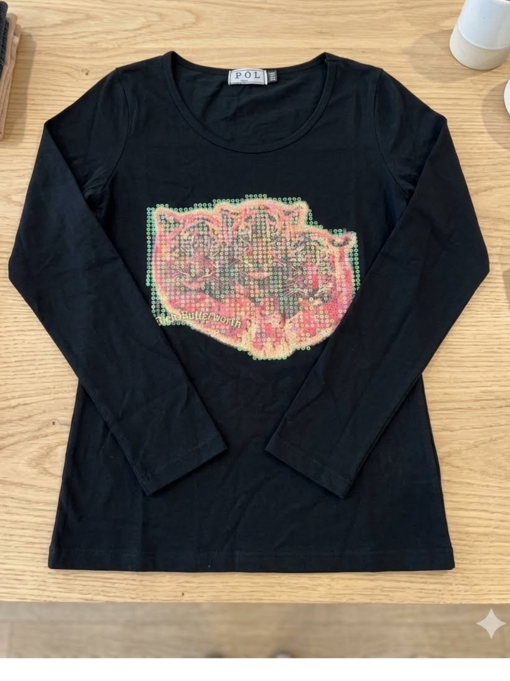 POL Black Long Sleeve Tee w/ Pink & Green Sequin Tiger Graphic, Nick Butterworth